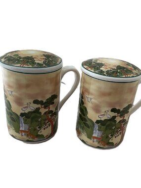 Fine China Oriental Tea Mug with Lid Set 2 by Bossigi